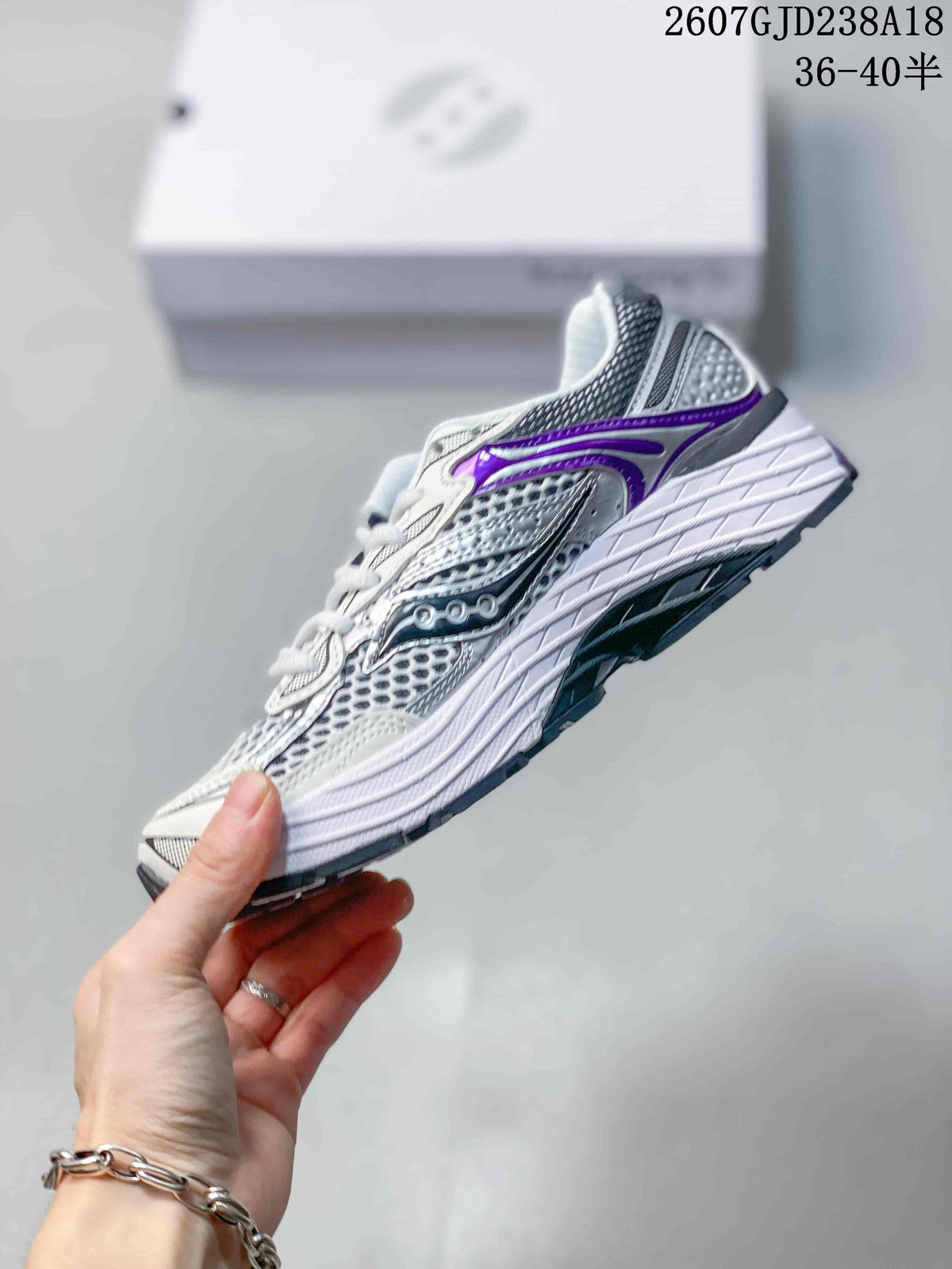 Saucony Progrid Omni 9 Sneakers in White Gray Purple - product image from the listing.