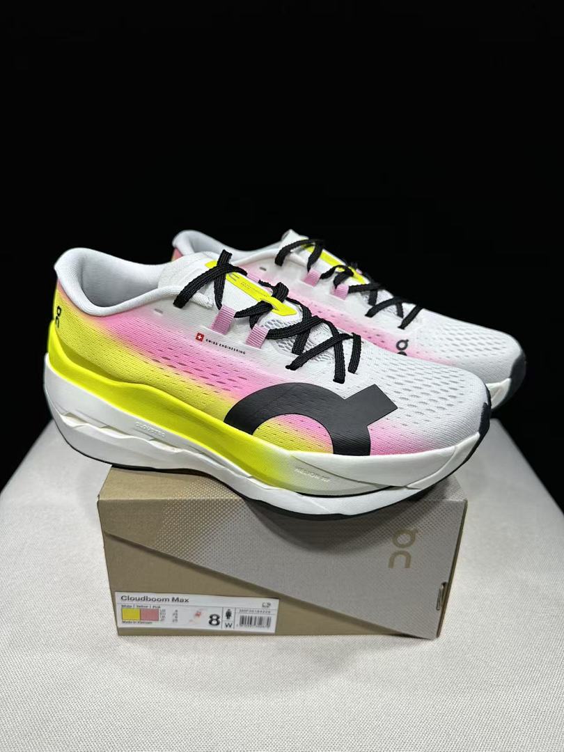 On Cloudboom Max Running Shoes, in White Pink Yellow - product image from the listing.