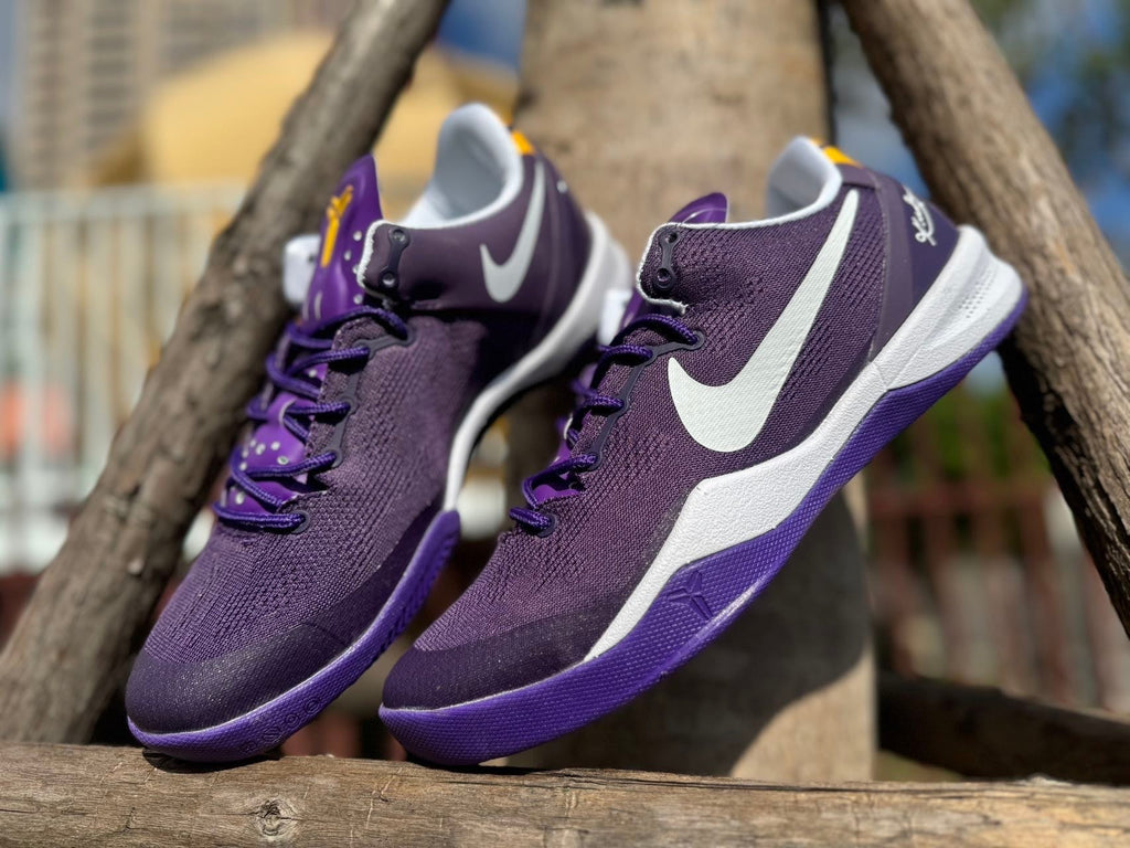 Nike Kobe 8 LSU Away Basketball Shoes, in Purple and Gold - product image from the listing.