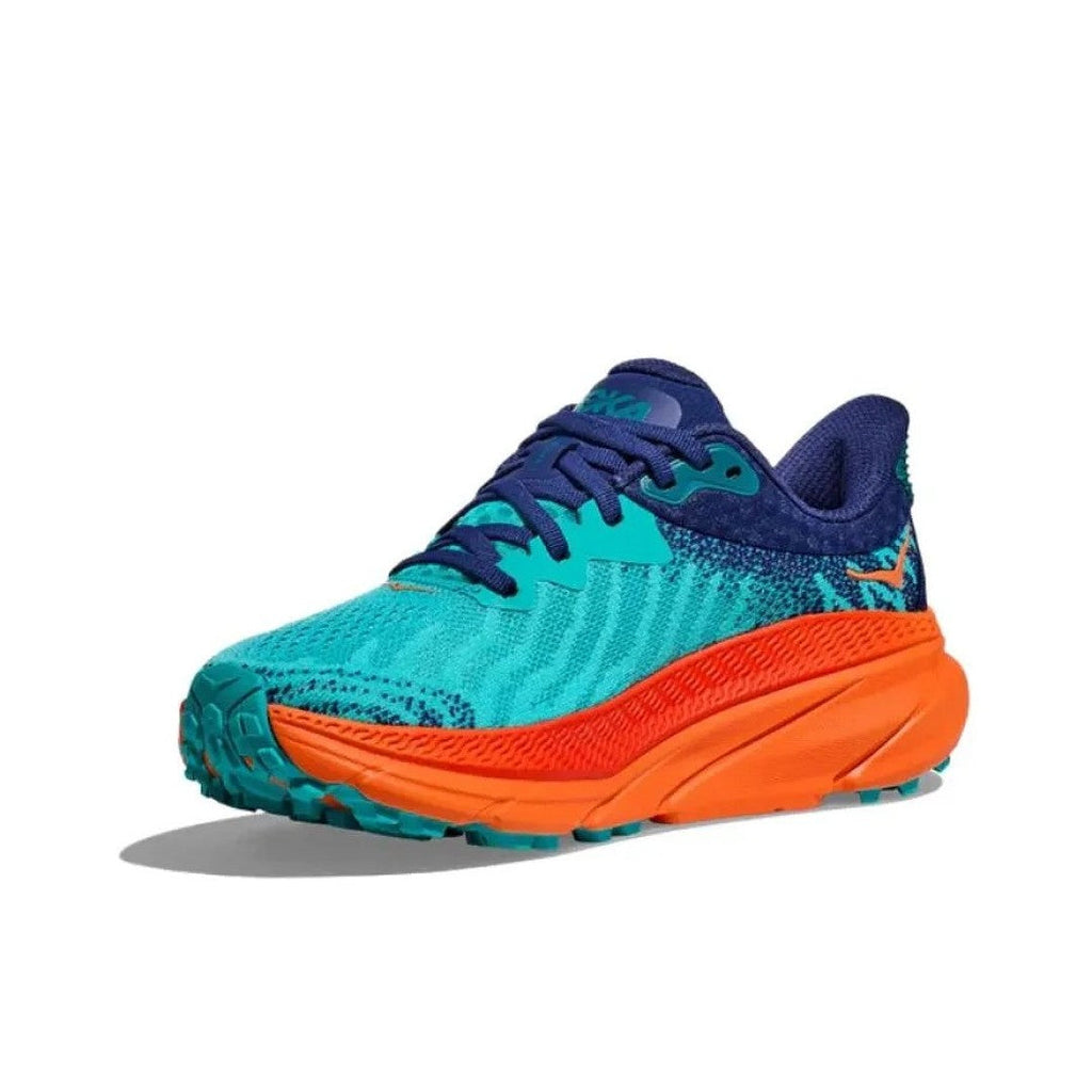 HOKA Challenger 7 Trail Running Shoes in Turquoise and Orange - product image from the listing.