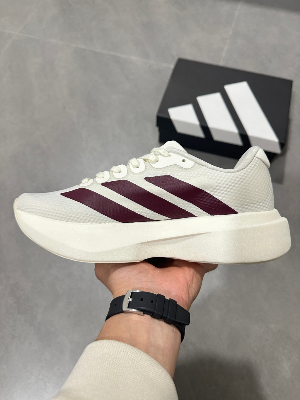White and Burgundy Adidas Lightstrike Pro Running Shoes - product image from the listing.