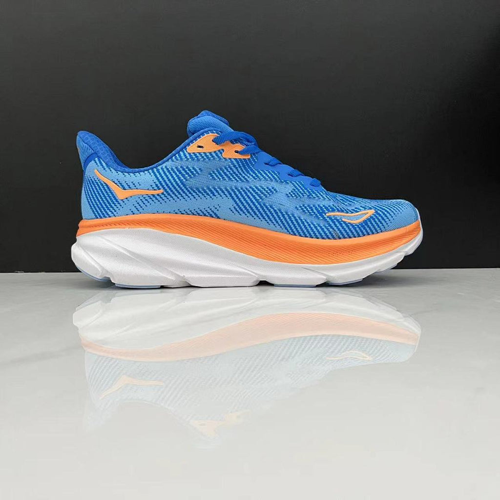 Blue and Orange HOKA Clifton 9 Running Shoes - product image from the listing.
