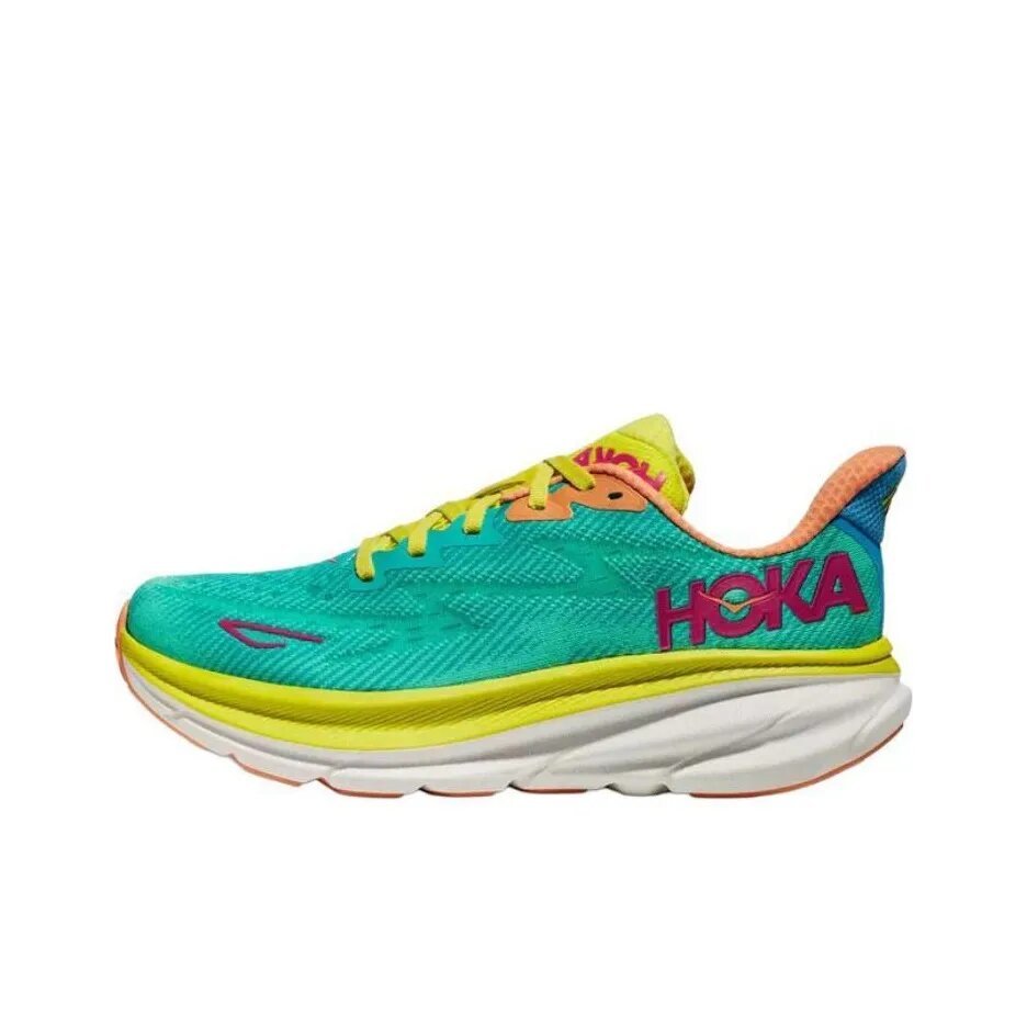 Teal and Orange HOKA Clifton 9 Running Shoes - product image from the listing.