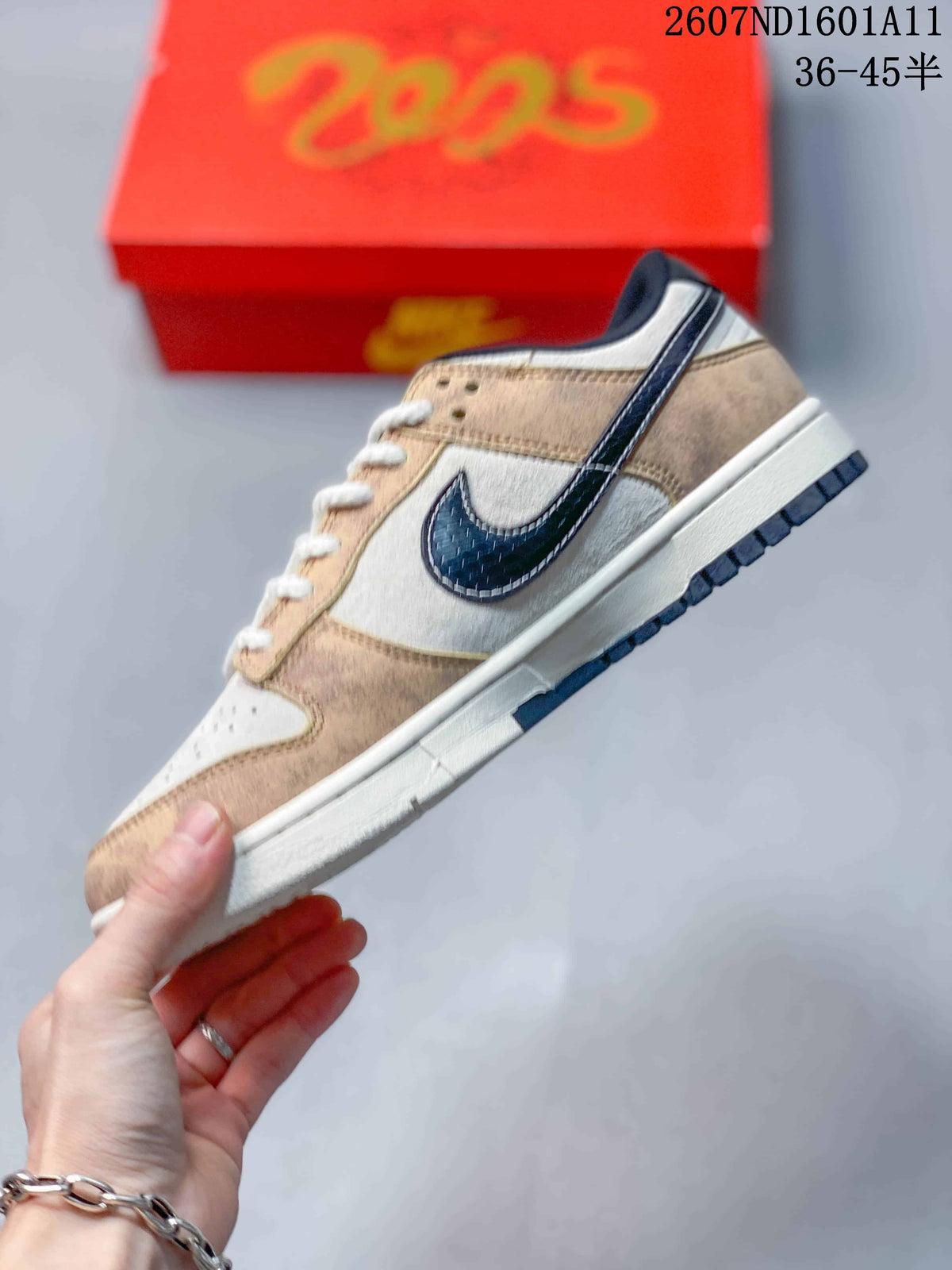 Nike SB Dunk Low Sneakers in Off-White Tan White Navy - product image from the listing.