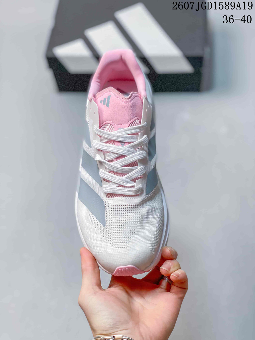 adidas Adizero Dropset Pro Trainer Sneakers in White Gray Pink - product image from the listing.