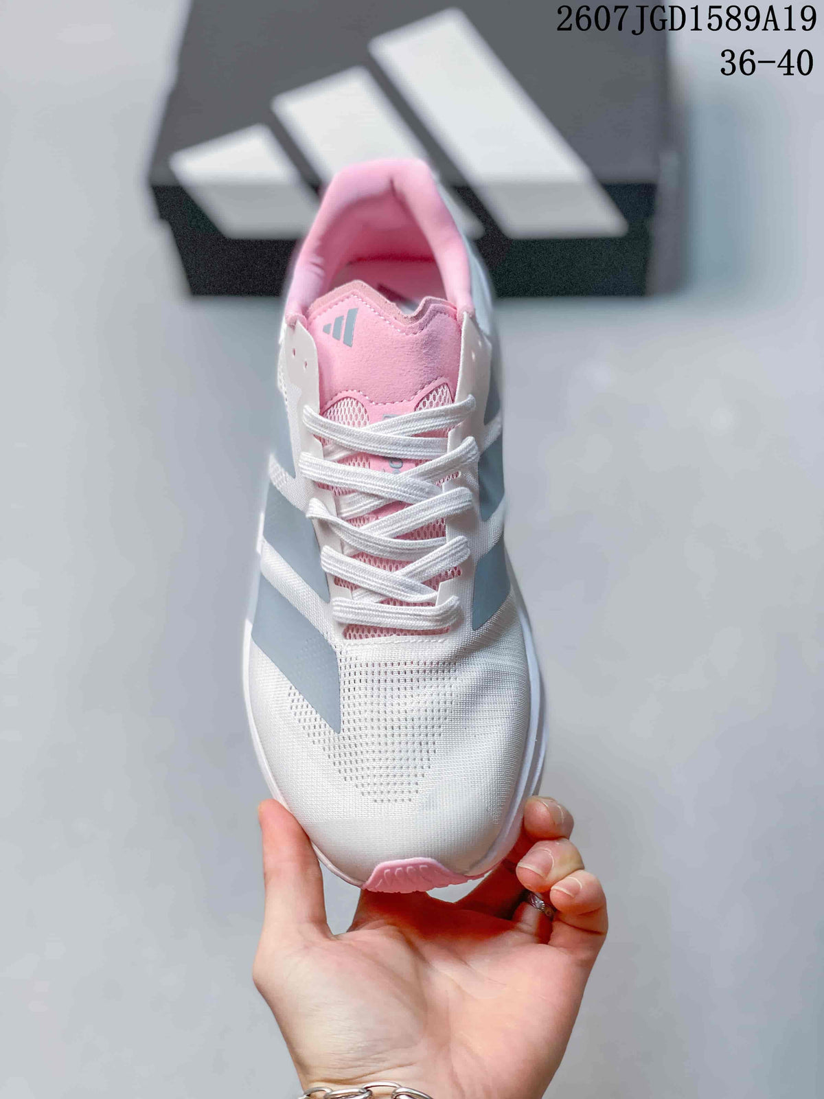adidas Adizero Dropset Pro Trainer Sneakers in White Gray Pink - product image from the listing.