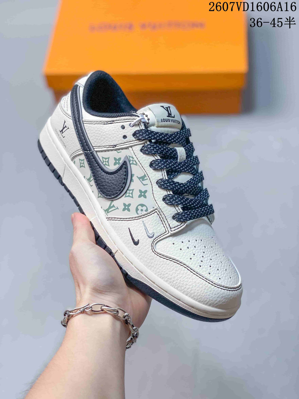 Nike SB Dunk Low LV Monogram Sneakers in White and Navy - product image from the listing.