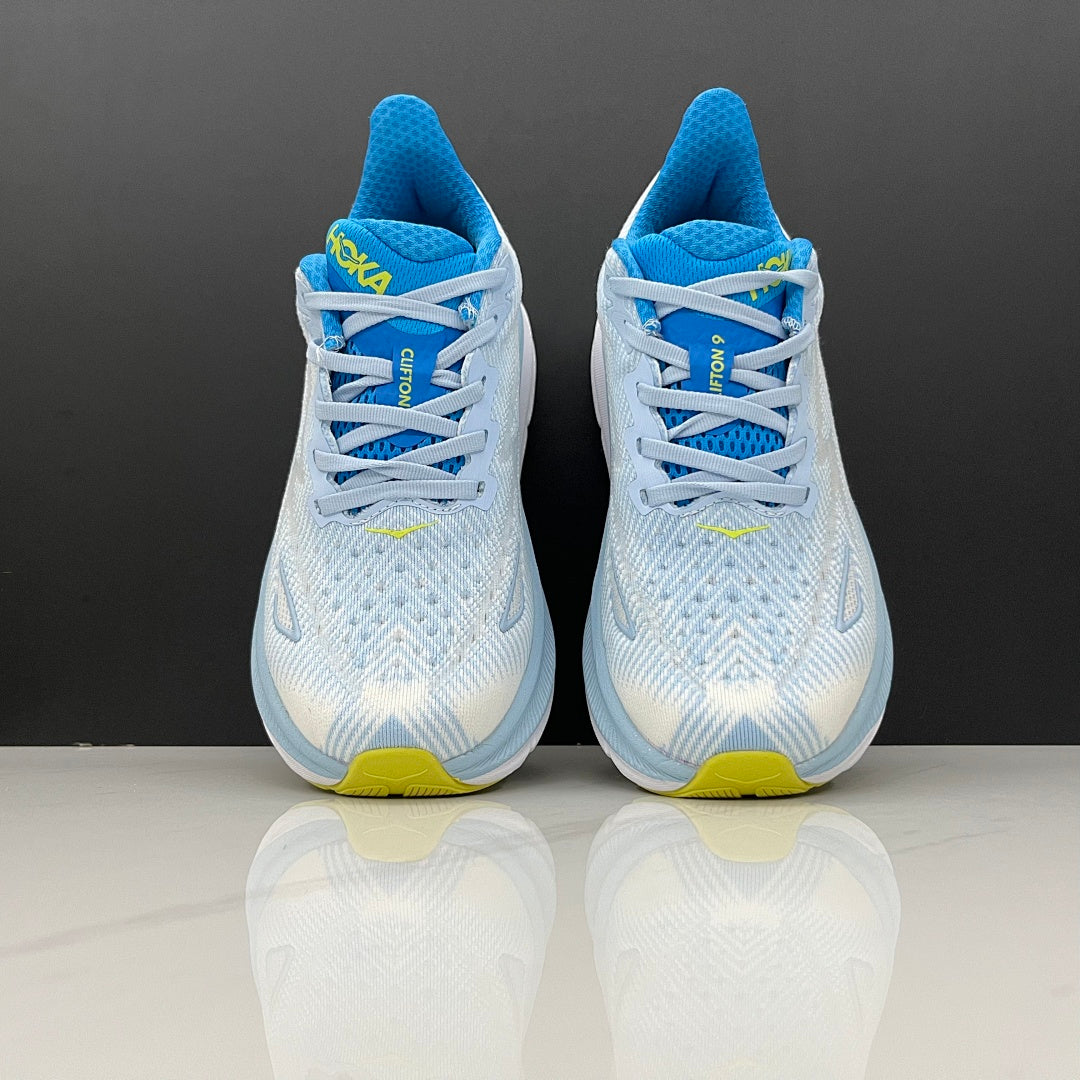 HOKA Clifton 9 Running Shoes, in Pale Blue and Lime - product image from the listing.