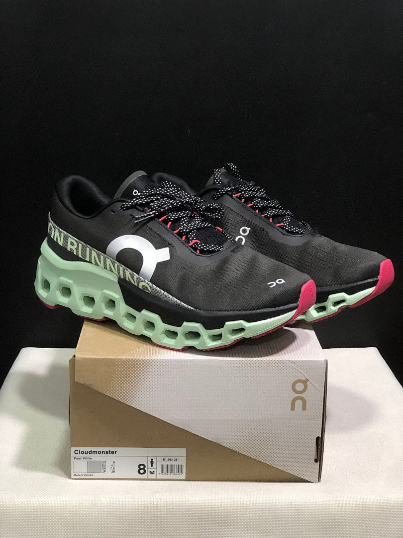 On Cloudmonster 2 Running Shoes, in Black and Mint Green - product image from the listing.
