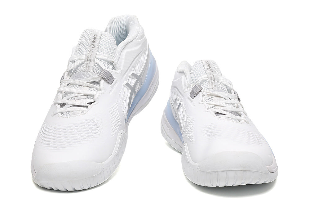 ASICS White and Silver Court Trainers with Pale Blue Midsole - product image from the listing.