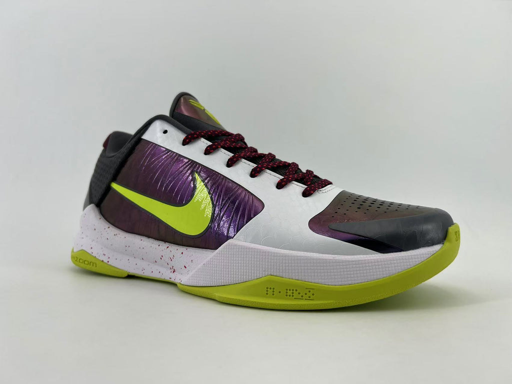 Nike Kobe 5 Protro Basketball Shoes in White Purple Volt CD4991-100 - product image from the listing.