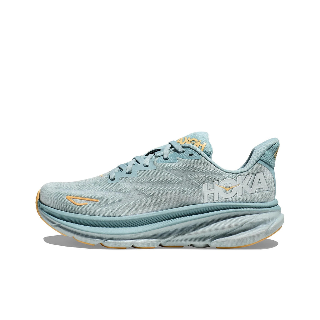 HOKA Clifton 9 Running Shoes in Mint and Yellow - product image from the listing.