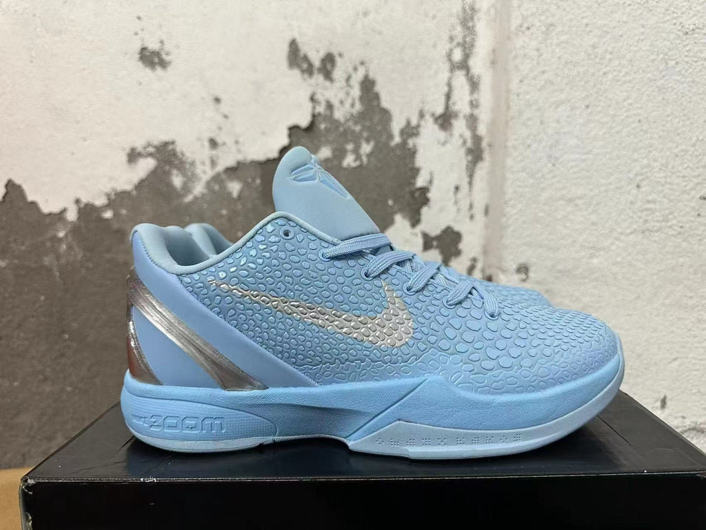 Nike Kobe 6 Protro Basketball Shoes, in Light Blue and Silver - product image from the listing.