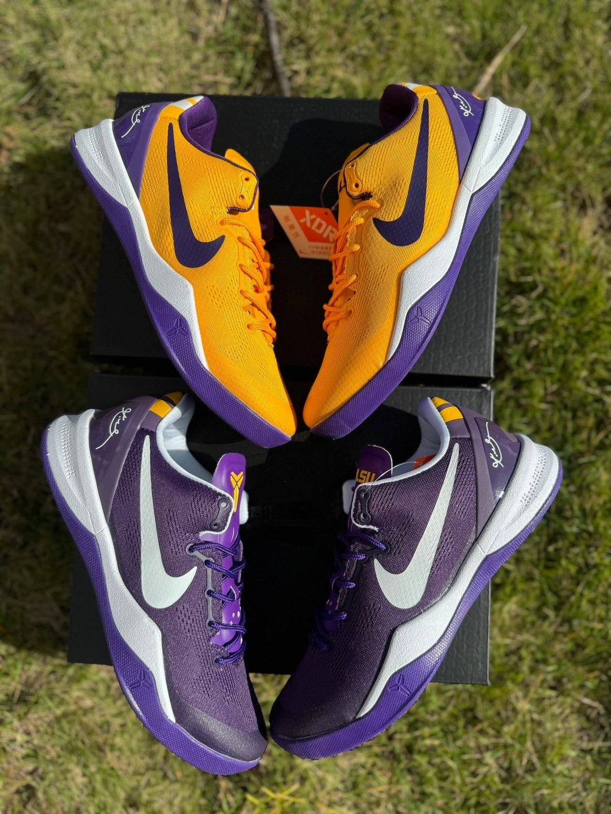 Nike Kobe 8 LSU Away Basketball Shoes, in Purple and Gold - product image from the listing.