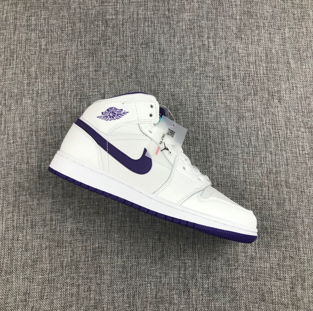 Air Jordan 1 Mid Sneakers in White Purple 332148-137 - product image from the listing.