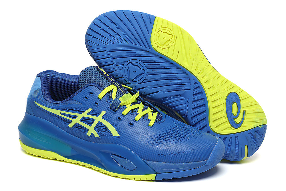 Blue and Lime ASICS GEL-RESOLUTION Tennis Shoes - product image from the listing.