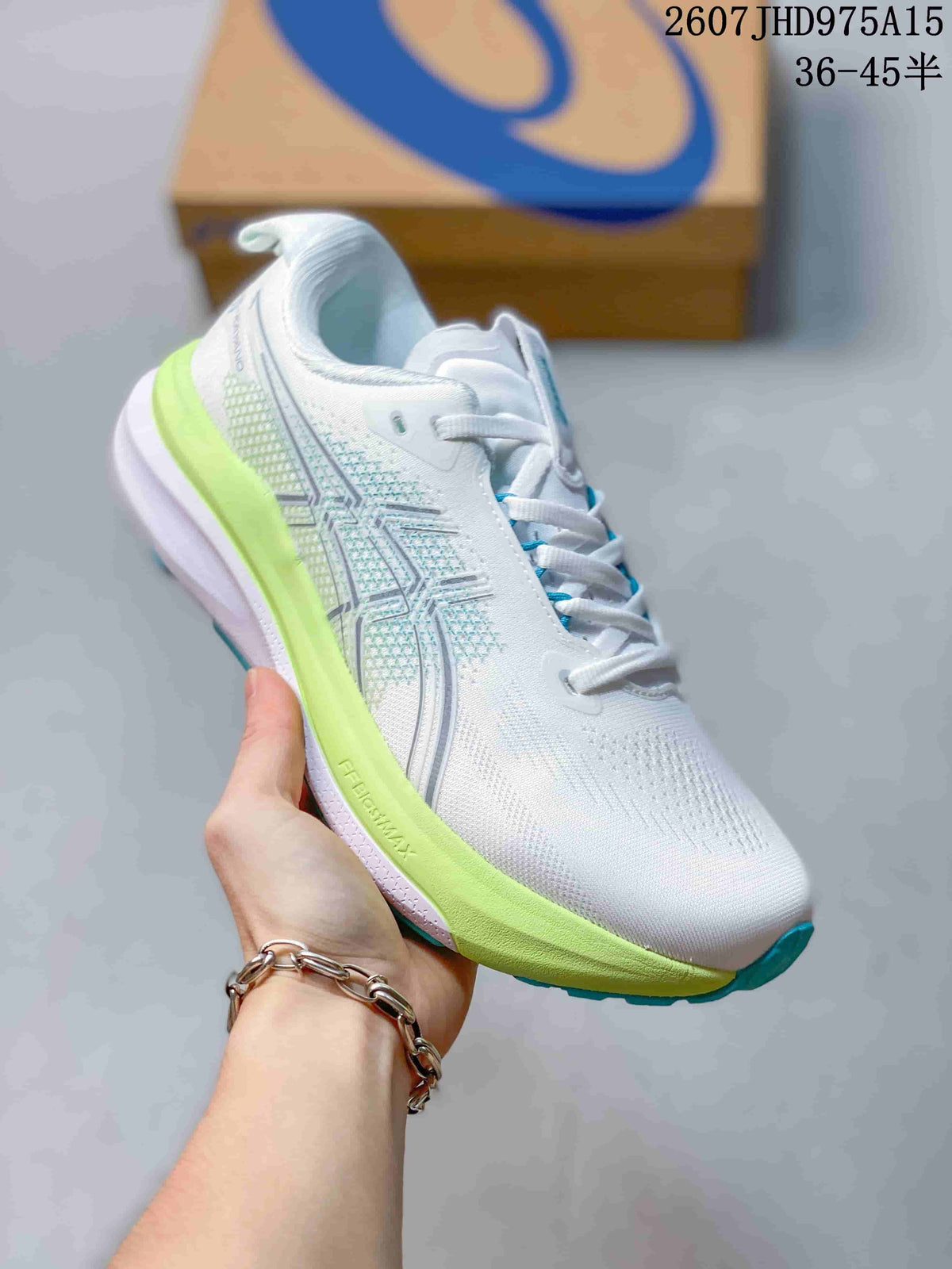 ASICS Gel-Kayano 33 Running Shoes in White Lime Blue 1011C167-402 - product image from the listing.