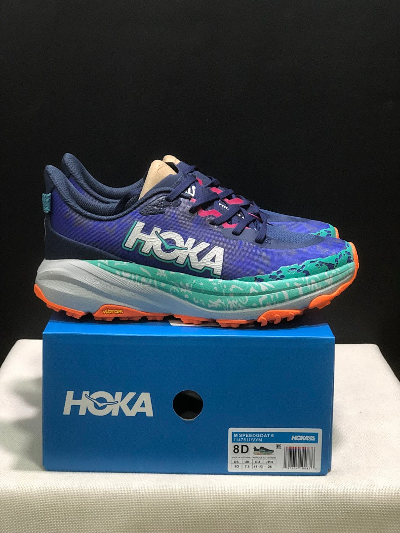 HOKA Speedgoat 6 Trail Running Shoes, in Blue and Teal - product image from the listing.