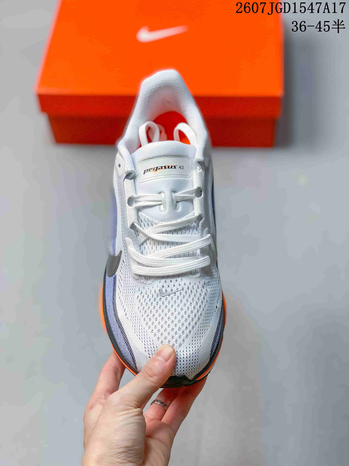 Nike Air Zoom Pegasus 42 Running Shoes in White Blue Orange - product image from the listing.