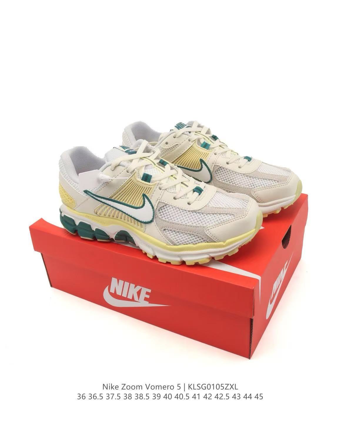 Nike Zoom Vomero 5 Sneakers, in Light Grey and Yellow Green - product image from the listing.
