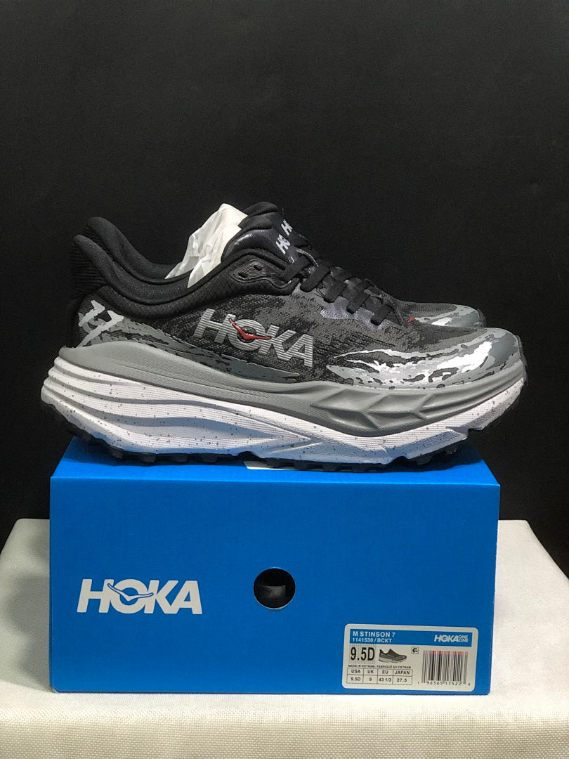 Black and Gray HOKA Stinson 7 Trail Running Shoes - product image from the listing.