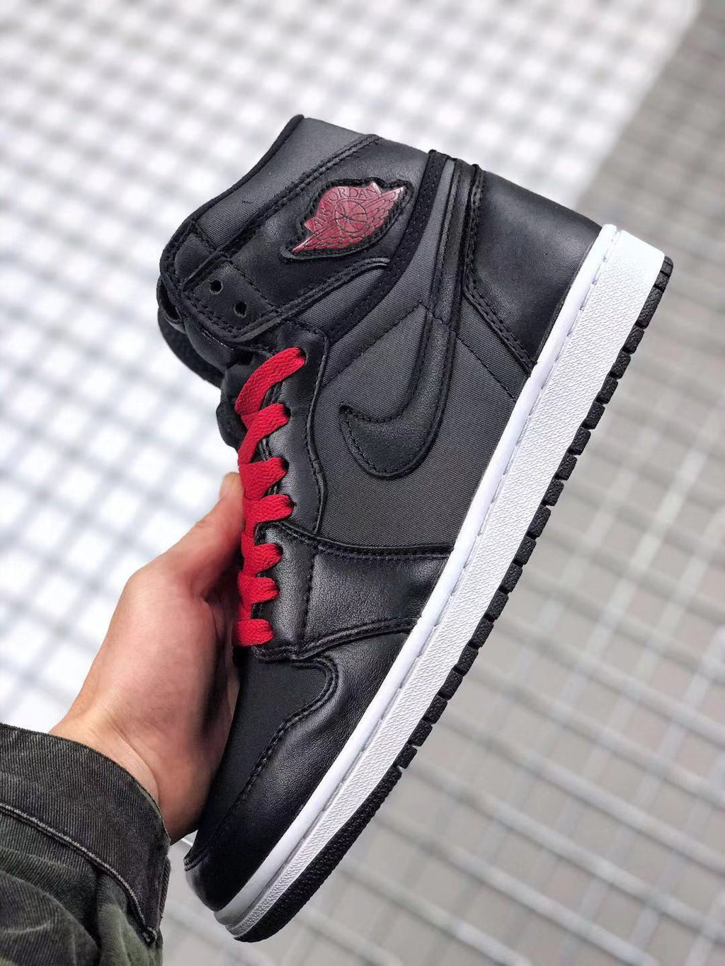 Air Jordan 1 High OG Black Satin Sneakers in Black Red - product image from the listing.