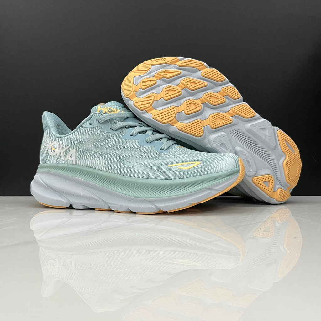 HOKA Clifton 9 Running Shoes in Mint and Yellow - product image from the listing.