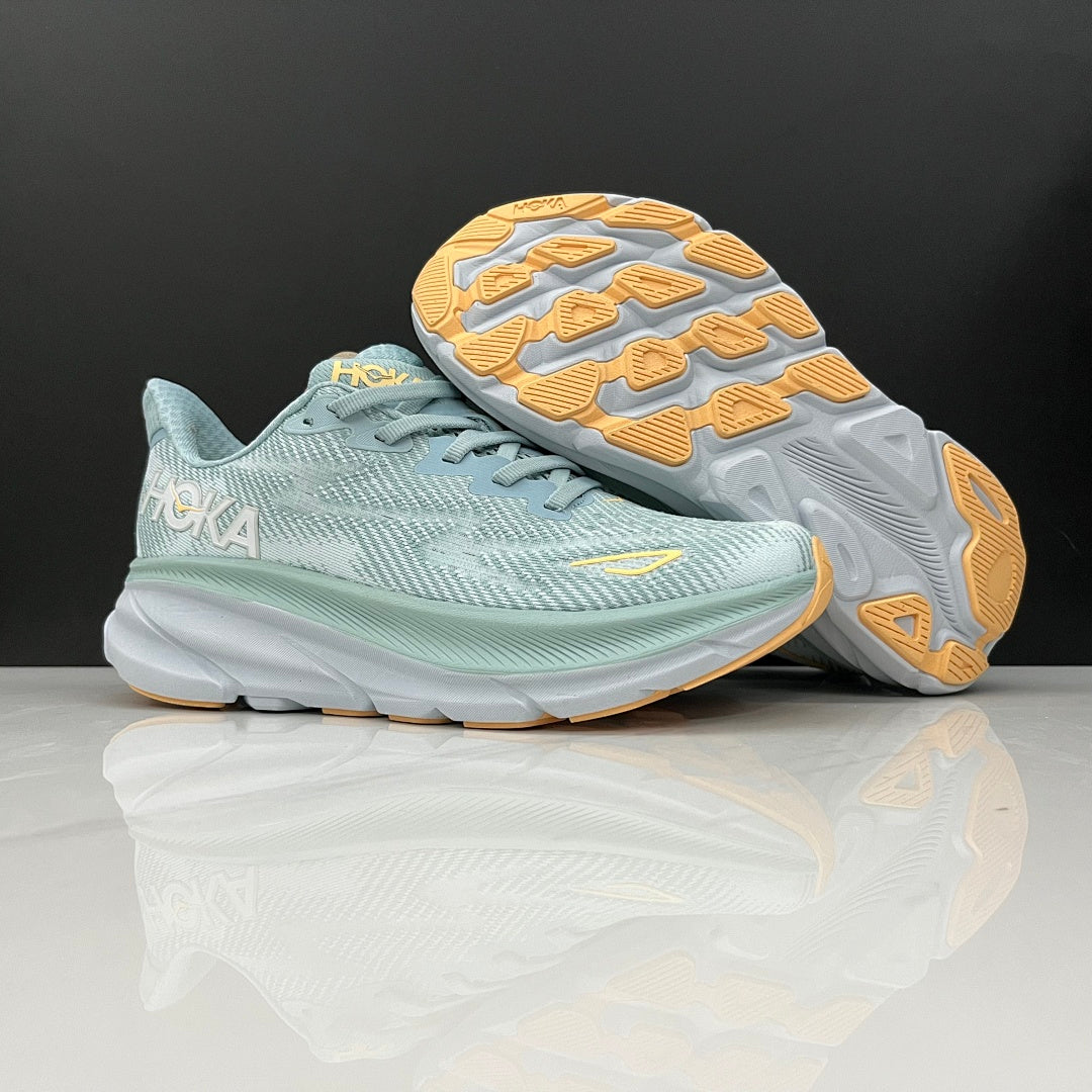 HOKA Clifton 9 Running Shoes in Mint and Yellow - product image from the listing.