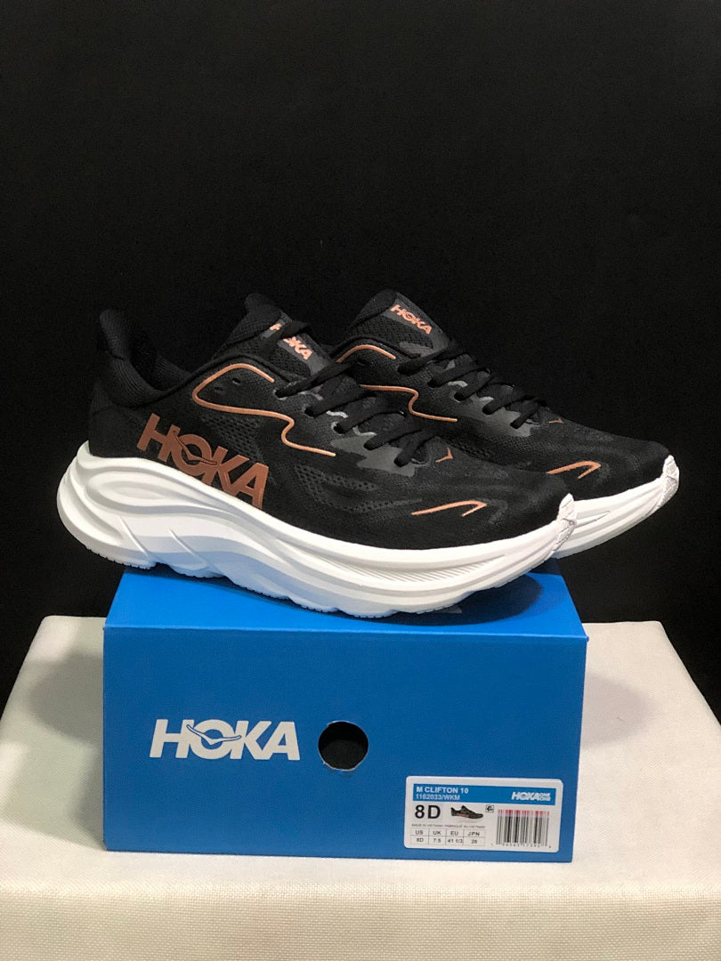 HOKA Clifton 10 Running Shoes, in Black and White - product image from the listing.