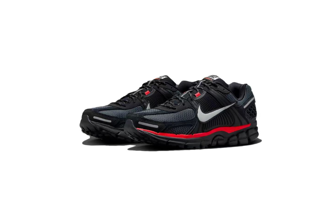 Nike Air Zoom Vomero 5 Running Shoes, in Black and Red - product image from the listing.