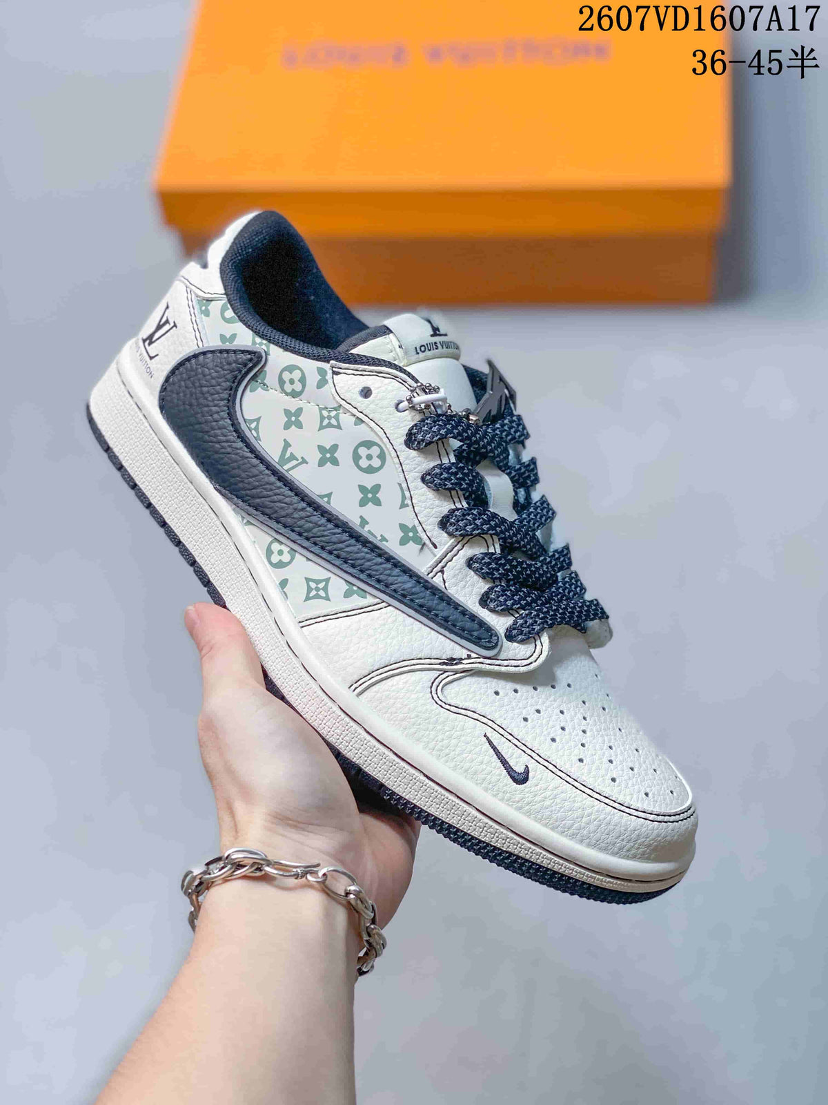 White Navy Monogram Sneakers - Jordan 1 Low - product image from the listing.