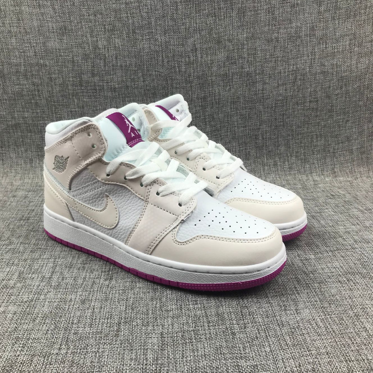 Jordan 1 Mid Grey White Fuchsia High-Cut Sneakers - product image from the listing.