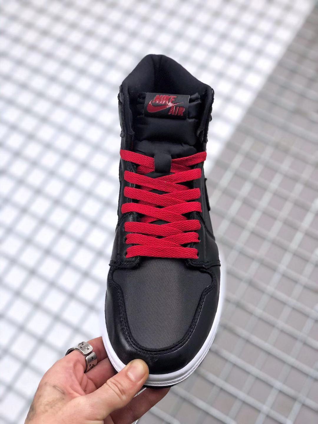 Air Jordan 1 High OG Black Satin Sneakers in Black Red - product image from the listing.