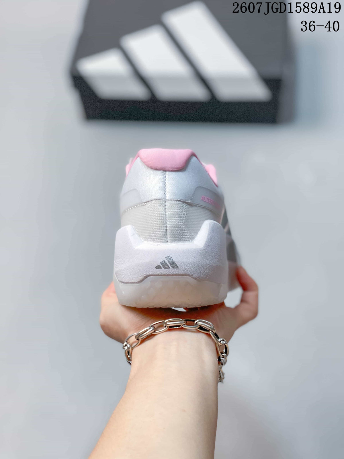 adidas Adizero Dropset Pro Trainer Sneakers in White Gray Pink - product image from the listing.