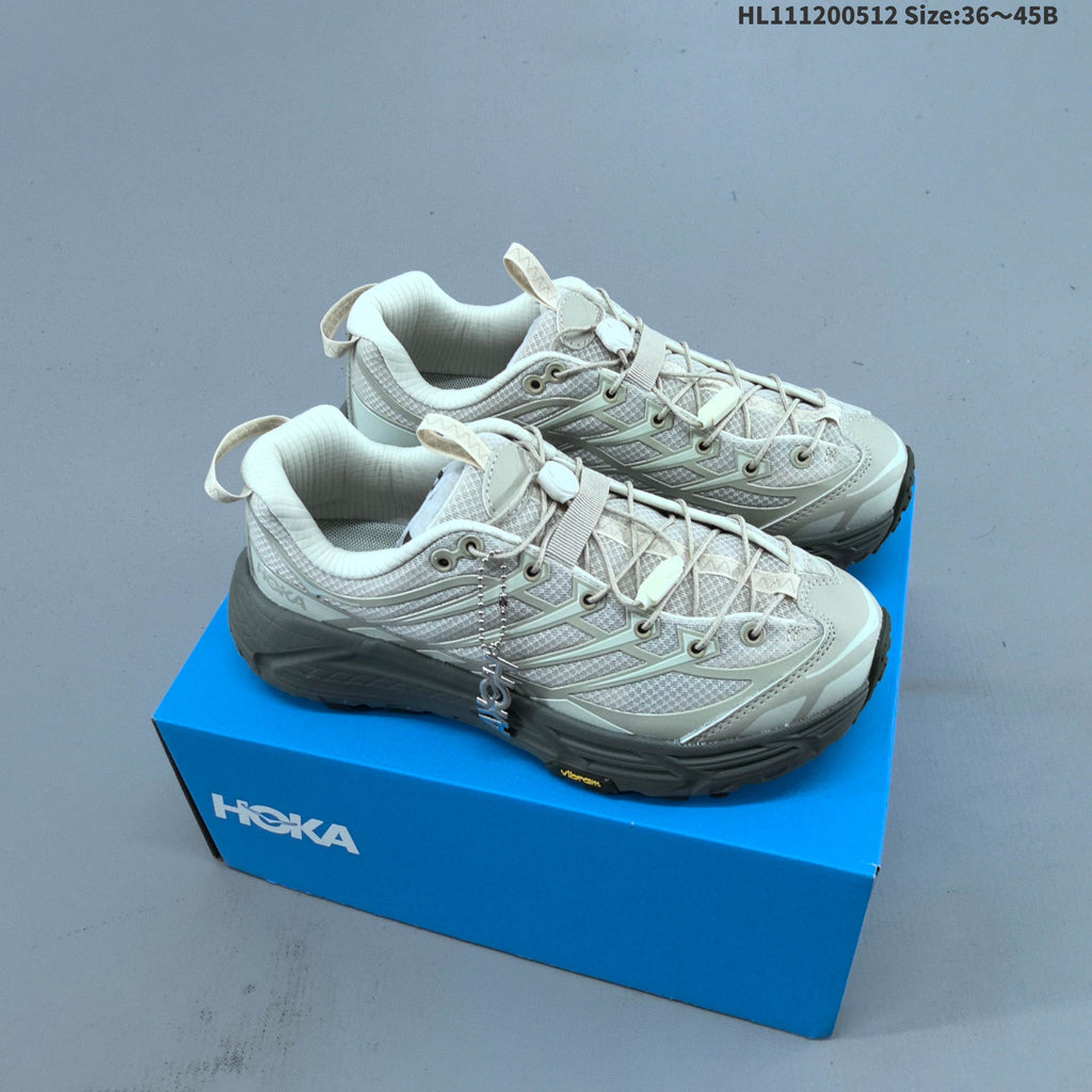 HOKA Mafate Three 2 Trail Running Shoes in Cream and Gray - product image from the listing.