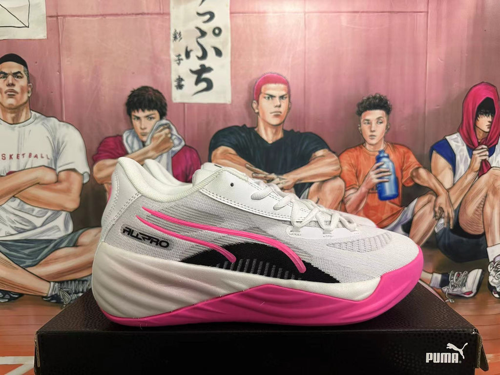 PUMA All-Pro Basketball Shoes in White Black Pink - product image from the listing.