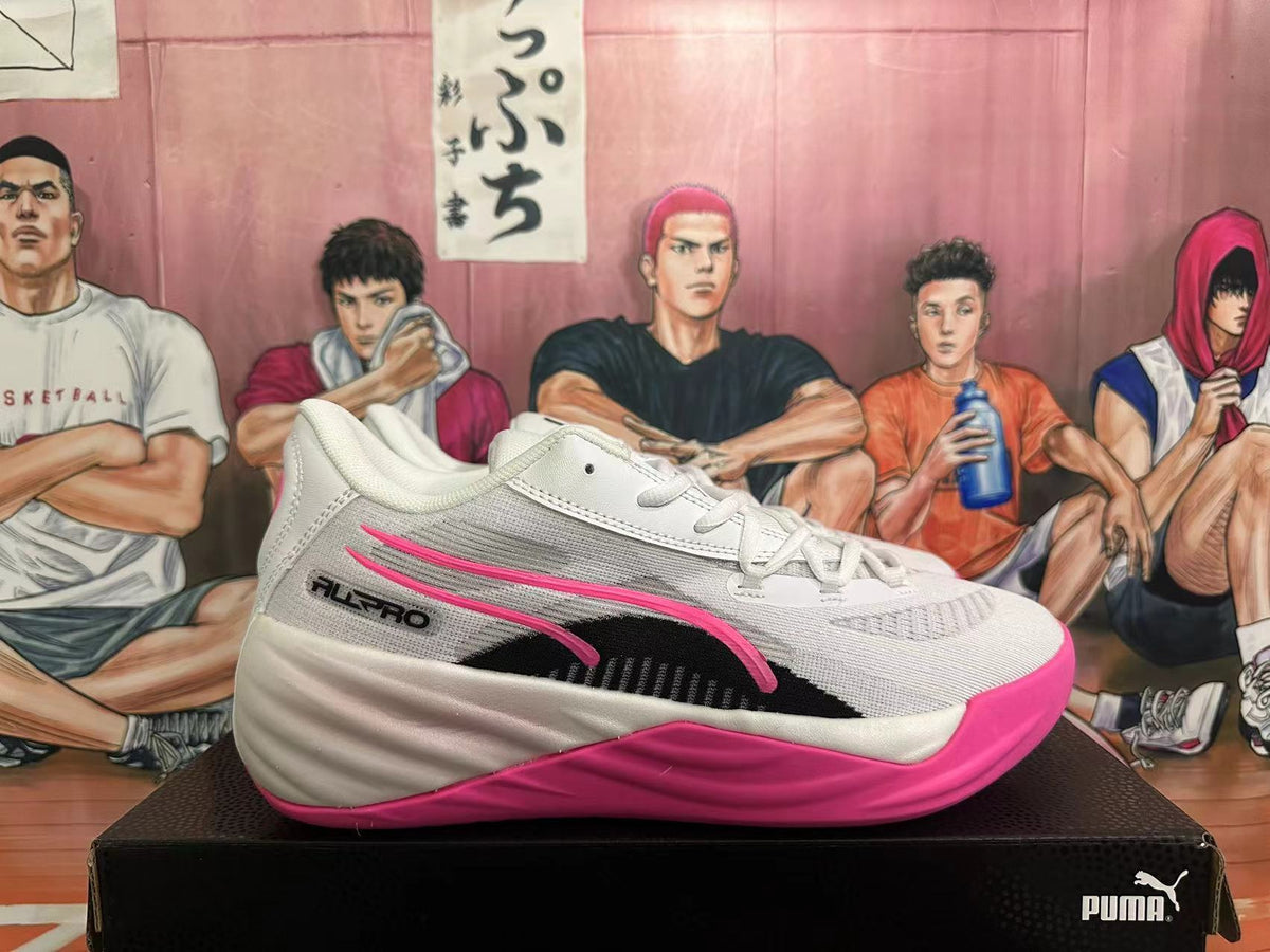 PUMA All-Pro Basketball Shoes in White Black Pink - product image from the listing.