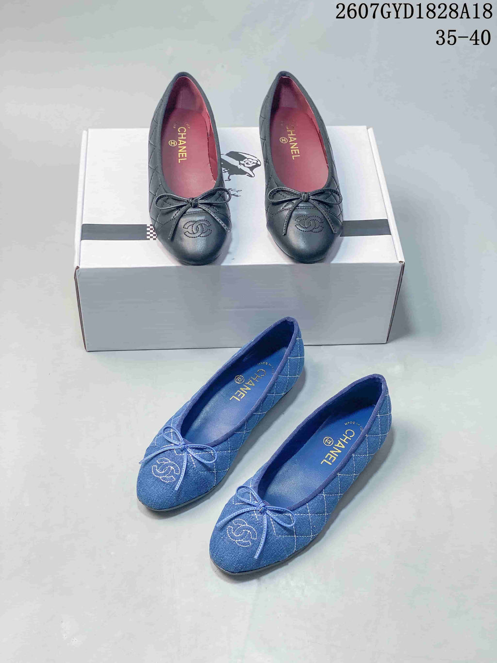 Chanel 26P Washed Denim Ballet Flats in Black and Blue - product image from the listing.