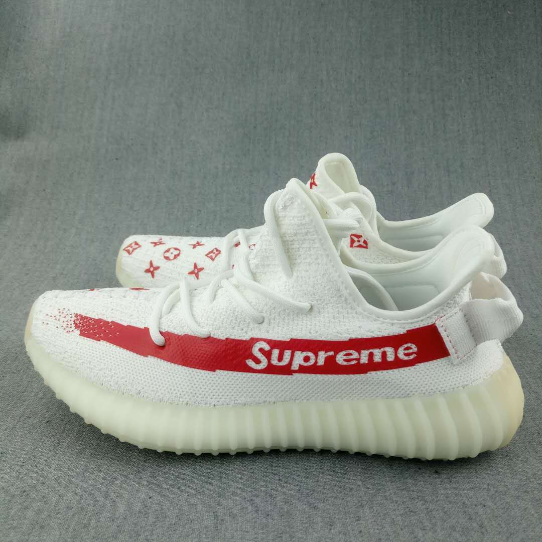 Yeezy 350 V2 Low-Top Sneakers in White and Red - product image from the listing.