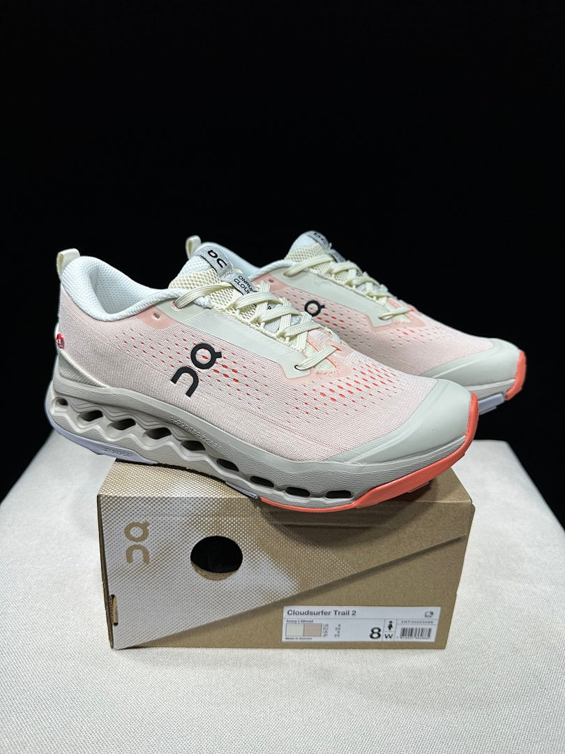On Cloudsurfer Trail 2 Trail Running Shoes, in Ivory and Coral - product image from the listing.
