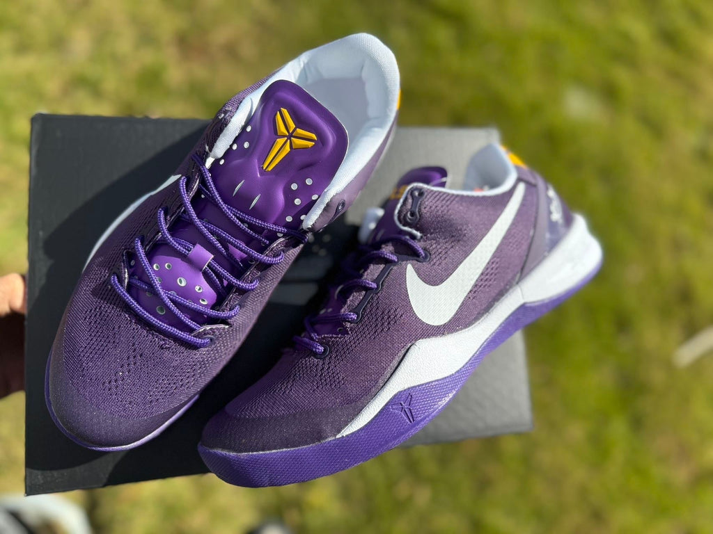 Nike Kobe 8 LSU Away Basketball Shoes, in Purple and Gold - product image from the listing.