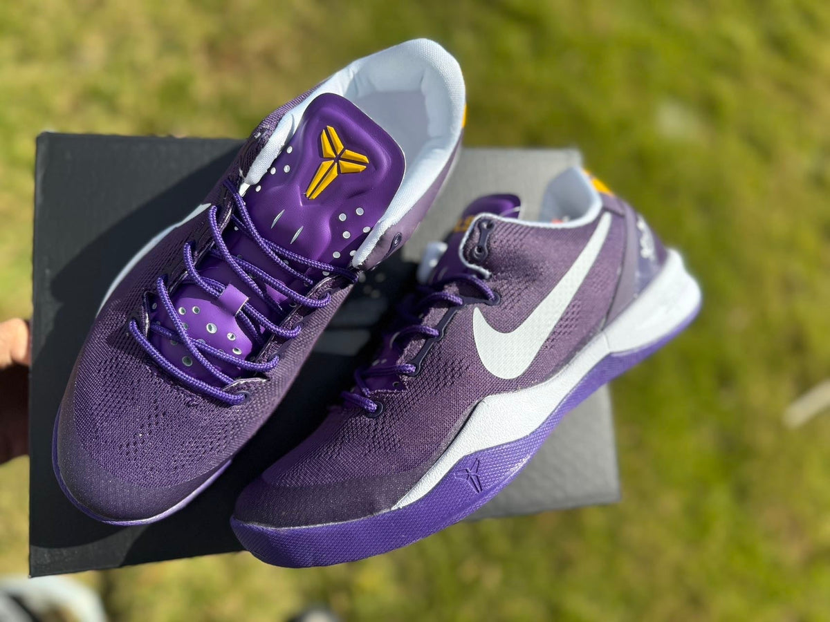 Nike Kobe 8 LSU Away Basketball Shoes, in Purple and Gold - product image from the listing.
