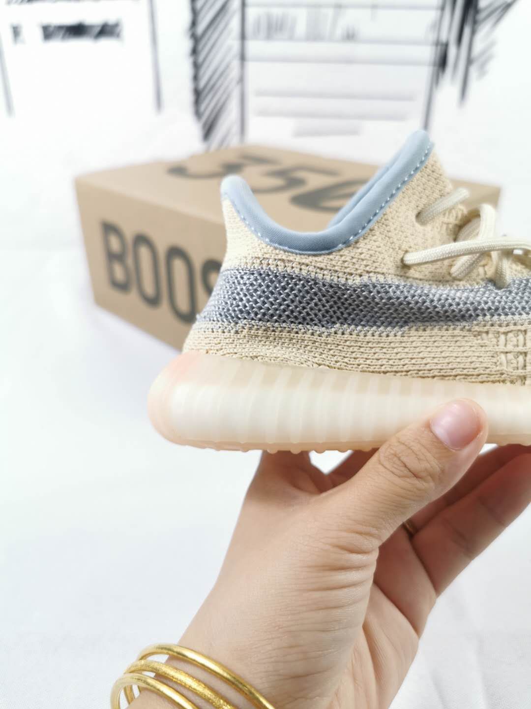 Yeezy 350 V2 Kids Sneakers in Linen in Yellow - product image from the listing.