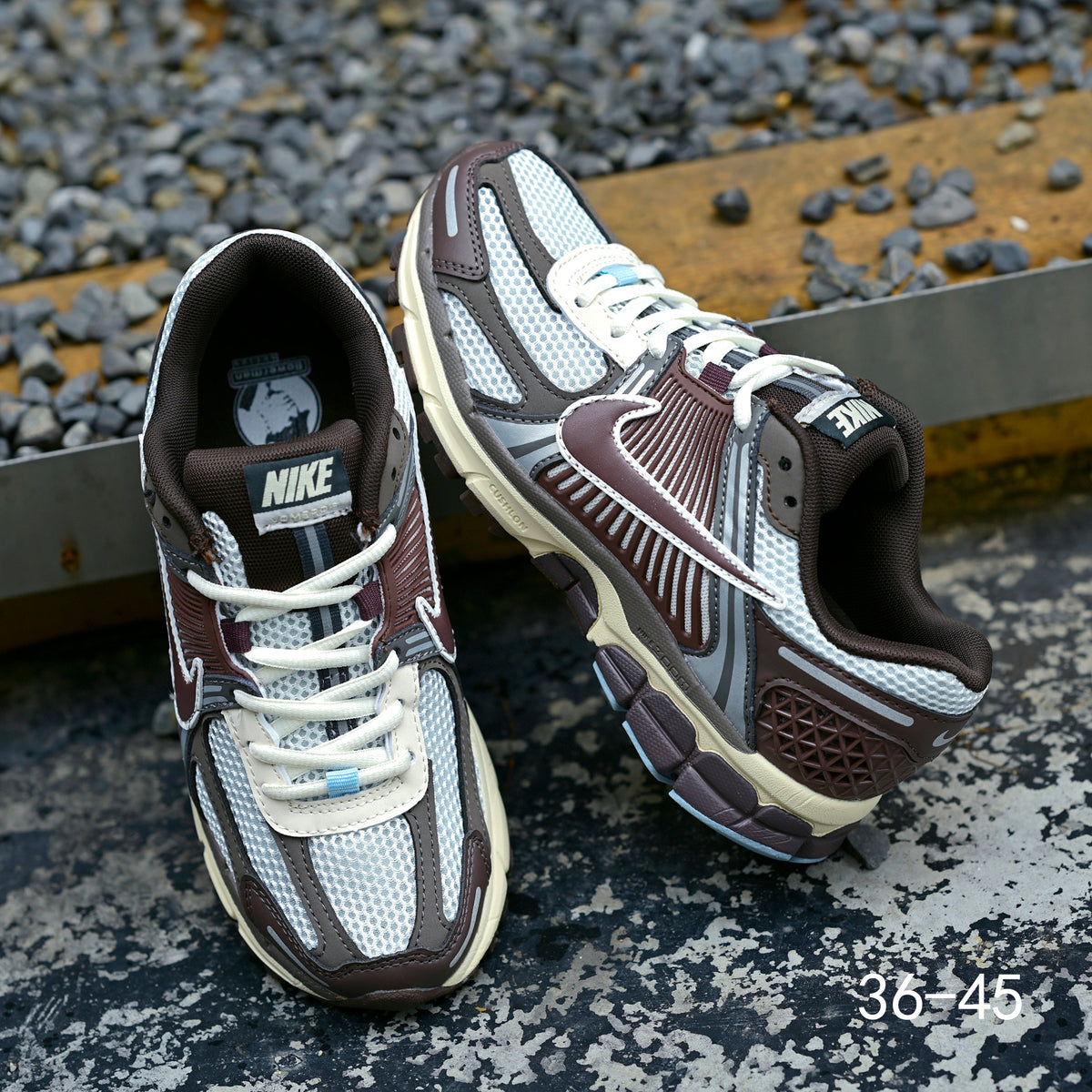 Brown and Blue Nike Air Zoom Vomero 5 Sneakers - product image from the listing.