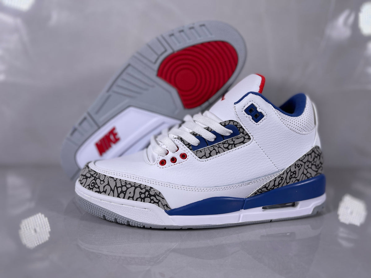 White and Blue Elephant Print Sneakers - Jordan 3 - product image from the listing.