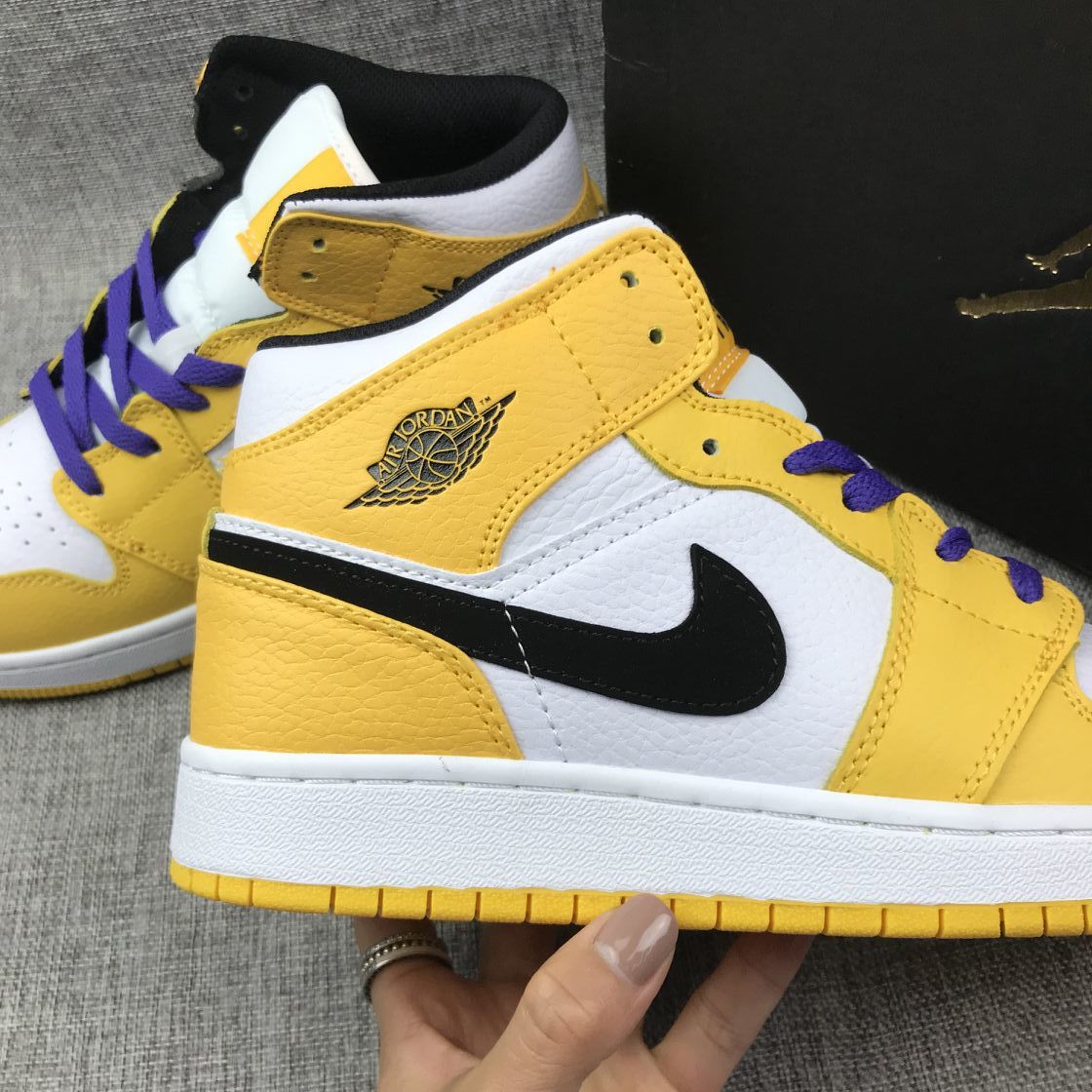 Air Jordan 1 Mid Lakers Sneakers in Yellow and Purple BQ6931-700 - product image from the listing.