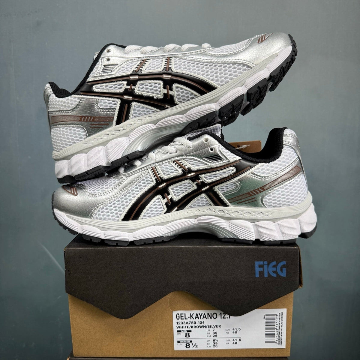 ASICS GEL-KAYANO 12.1 Sneakers in White Brown Silver 1203A759-104 - product image from the listing.