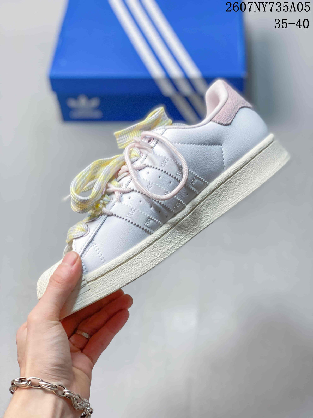 Adidas Superstar Custom White Trainers with Pastel Laces - product image from the listing.