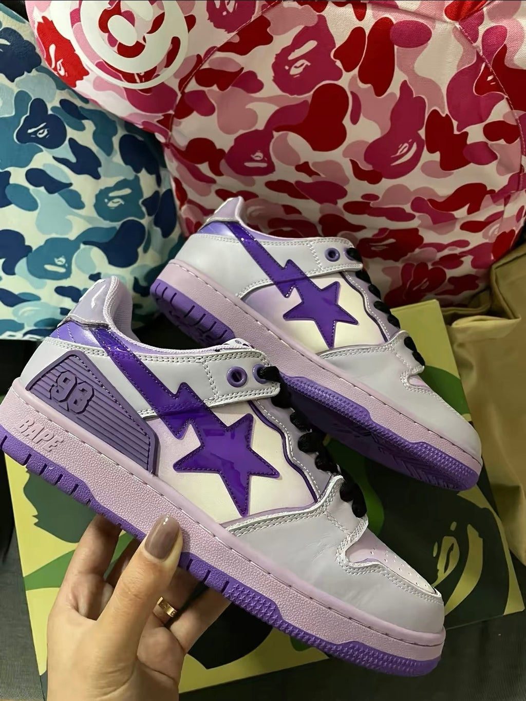 White and Purple BAPE SK8 Sta Sneakers - product image from the listing.