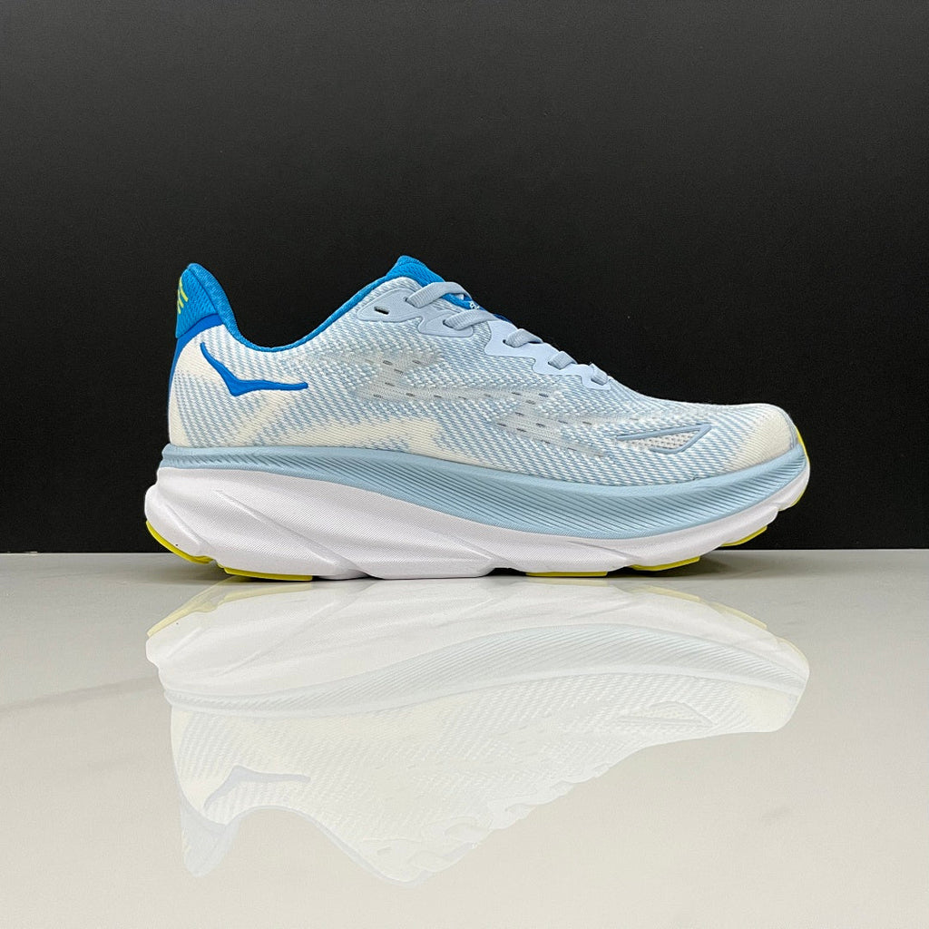 HOKA Clifton 9 Running Shoes, in Pale Blue and Lime - product image from the listing.